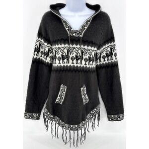 Alpaca Sweater Women's Small Charcoal Andean Knit Peru Fringe Pullover